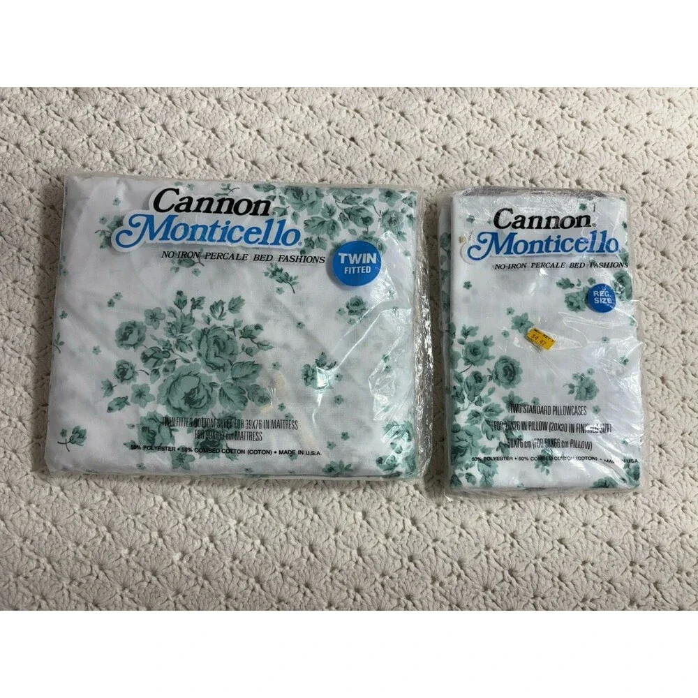 Vintage Cannon Monticello Twin Fitted Sheet 2 Pillowcases White Green Floral USA